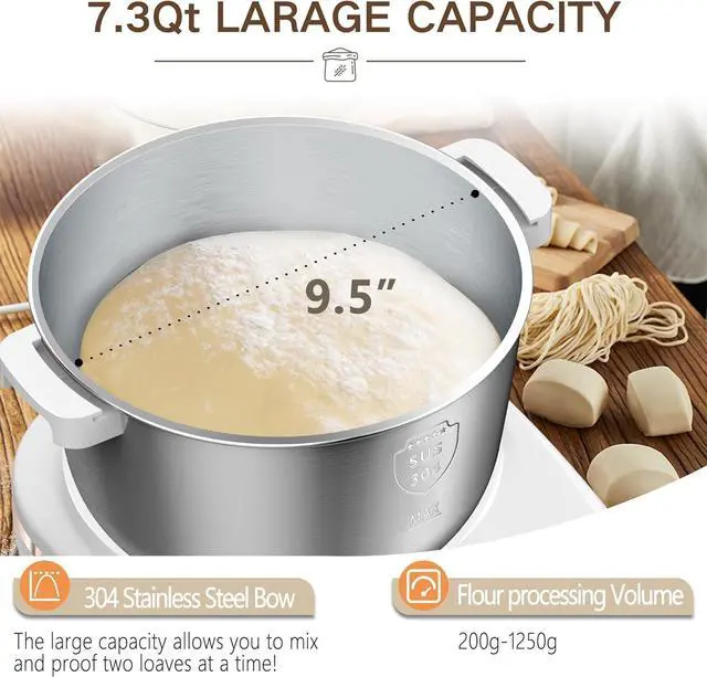 Alt view image 2 of 6 - Electric Dough Maker 7Qt with Ferment Function, Dough Mixer with 304 Stainless Steel Bowl, Face-up Touch Panel, for Bread & Pizza