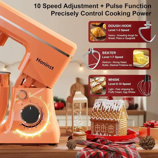 Alt view image 3 of 7 - 10-Speed Stand Mixer with 8-in-1 Splash Guard, Tilt-Head, 6QT Stainless Steel Bowl+Dishwasher-Safe Dough Hook/Whisk/Beater/Spatula for Baking Bread, Cakes, Cookies, Orange
