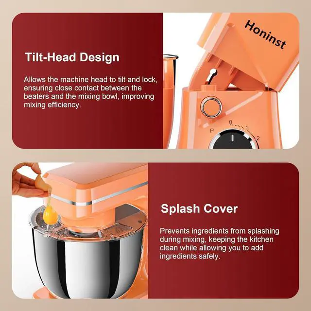 Alt view image 6 of 7 - 10-Speed Stand Mixer with 8-in-1 Splash Guard, Tilt-Head, 6QT Stainless Steel Bowl+Dishwasher-Safe Dough Hook/Whisk/Beater/Spatula for Baking Bread, Cakes, Cookies, Orange