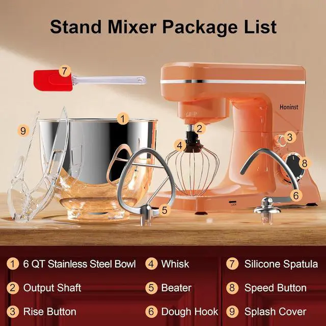 Alt view image 2 of 7 - 10-Speed Stand Mixer with 8-in-1 Splash Guard, Tilt-Head, 6QT Stainless Steel Bowl+Dishwasher-Safe Dough Hook/Whisk/Beater/Spatula for Baking Bread, Cakes, Cookies, Orange