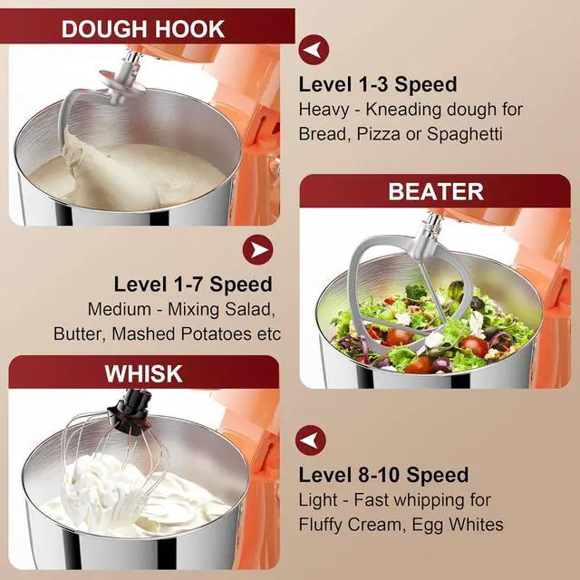 Alt view image 4 of 7 - 10-Speed Stand Mixer with 8-in-1 Splash Guard, Tilt-Head, 6QT Stainless Steel Bowl+Dishwasher-Safe Dough Hook/Whisk/Beater/Spatula for Baking Bread, Cakes, Cookies, Orange