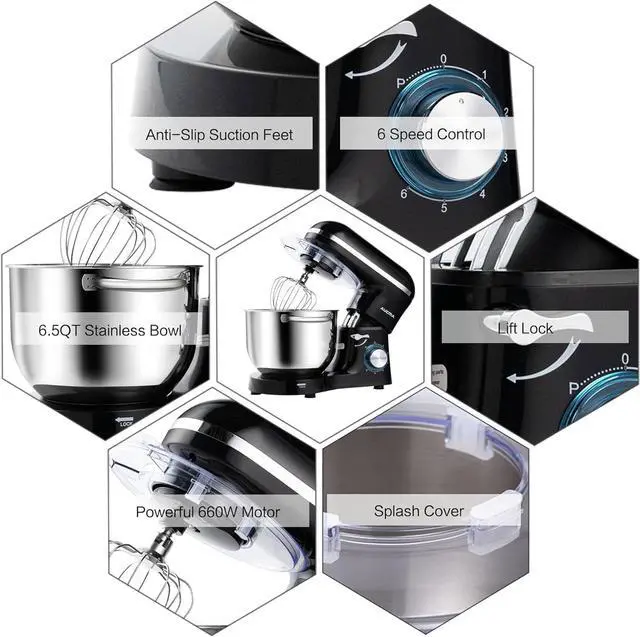 Alt view image 3 of 7 - Aucma Stand Mixer,6.5-QT 660W 6-Speed Tilt-Head Food Mixer, Kitchen Electric Mixer with Dough Hook, Wire Whip & Beater (6.5QT, Black)