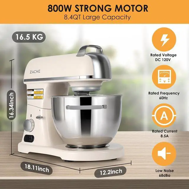Alt view image 7 of 7 - 8.4QT Commercial Stand Mixer 800W with NSF Certified and Aluminum Die Casting, Mixers Kitchen Electric Stand Mixer Metal Food Mixer with Stainless Steel 8L Bowl, Dough Hook, Whisk and Beater