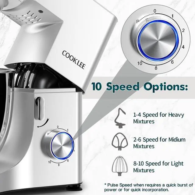 Alt view image 3 of 7 - COOKLEE Stand Mixer, 9.5 Qt. 660W 10-Speed Electric Kitchen Mixer with Dishwasher-Safe Dough Hooks, Flat Beaters, Wire Whip & Pouring Shield Attachments for Most Home Cooks, Silver