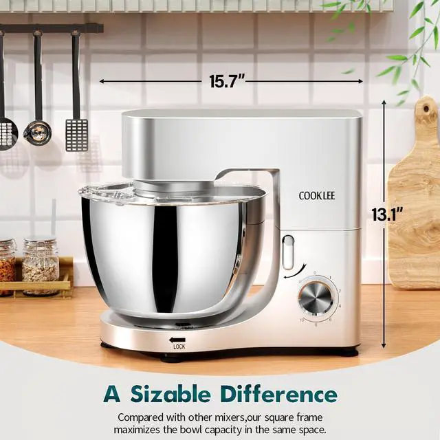 Alt view image 2 of 7 - COOKLEE Stand Mixer, 9.5 Qt. 660W 10-Speed Electric Kitchen Mixer with Dishwasher-Safe Dough Hooks, Flat Beaters, Wire Whip & Pouring Shield Attachments for Most Home Cooks, Silver