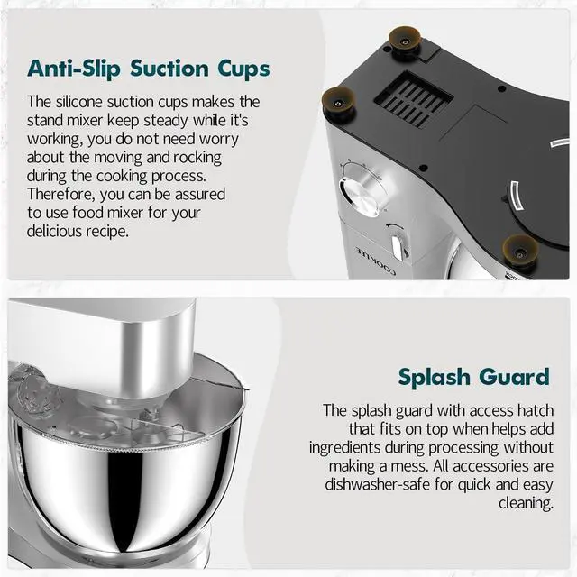 Alt view image 7 of 7 - COOKLEE Stand Mixer, 9.5 Qt. 660W 10-Speed Electric Kitchen Mixer with Dishwasher-Safe Dough Hooks, Flat Beaters, Wire Whip & Pouring Shield Attachments for Most Home Cooks, Silver