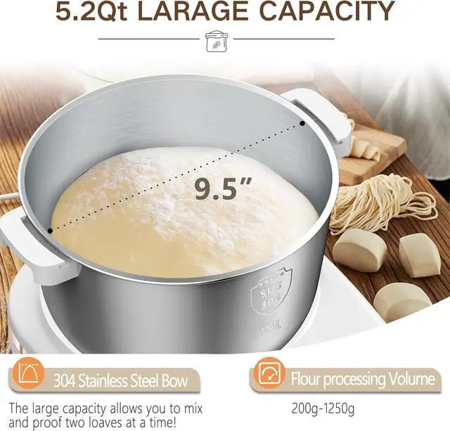 Alt view image 5 of 6 - Electric Dough Maker 5Qt with Ferment Function, Dough Mixer with 304 Stainless Steel Bowl, Face-up Touch Panel, for Bread & Pizza