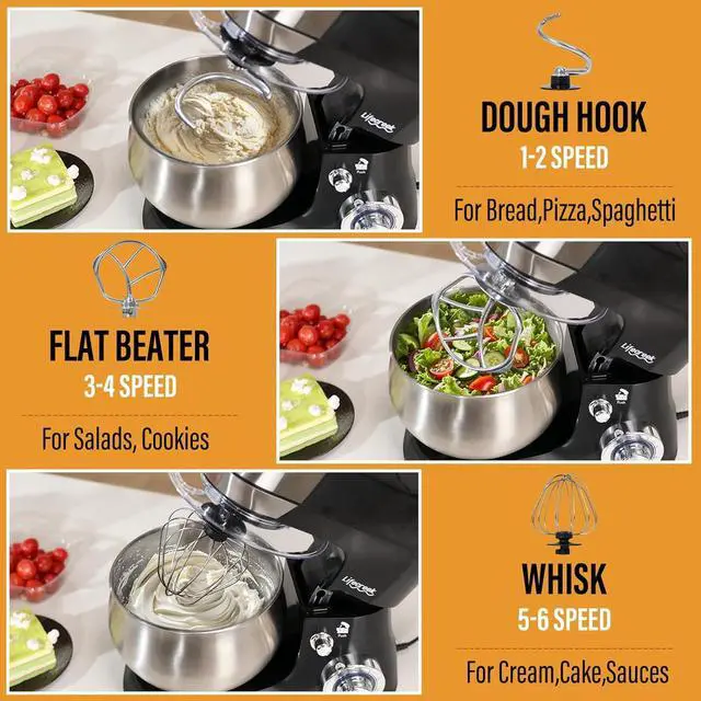 Alt view image 2 of 7 - 6-in-1 Multifunctional Stand Mixer, 5.3Qt 660W, 6-Speed Tilt-head, Electric Kitchen Mixer with Stainless Steel Bowl,Meat Grinder, Juice Blender (Black)