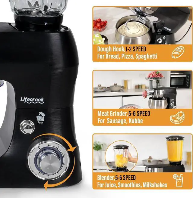 Alt view image 5 of 7 - 6-in-1 Multifunctional Stand Mixer, 5.3Qt 660W, 6-Speed Tilt-head, Electric Kitchen Mixer with Stainless Steel Bowl,Meat Grinder, Juice Blender (Black)