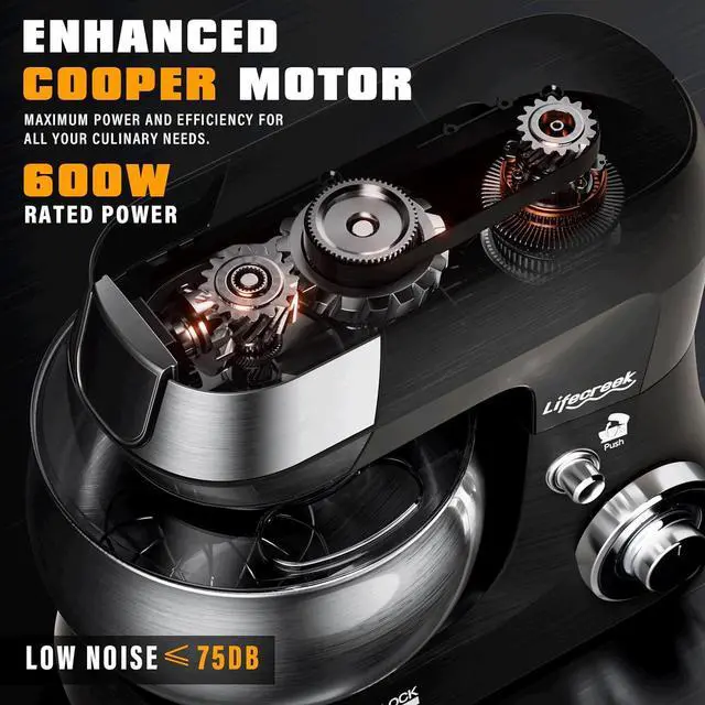 Alt view image 6 of 7 - 6-in-1 Multifunctional Stand Mixer, 5.3Qt 660W, 6-Speed Tilt-head, Electric Kitchen Mixer with Stainless Steel Bowl,Meat Grinder, Juice Blender (Black)