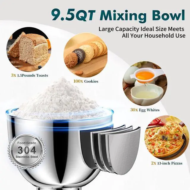 Alt view image 6 of 7 - COOKLEE Stand Mixer, 9.5 Qt. 660W 10-Speed Electric Kitchen Mixer with Dishwasher-Safe Dough Hooks, Flat Beaters, Wire Whip & Pouring Shield Attachments for Most Home Cooks, Silver