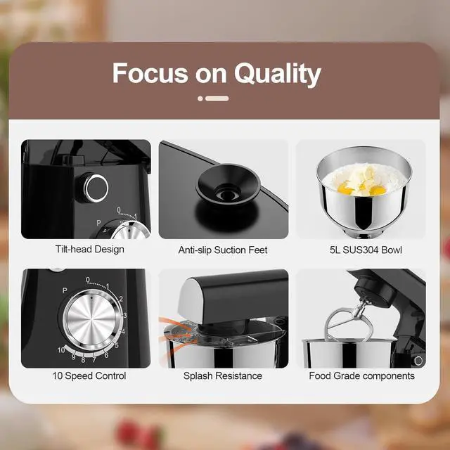 Alt view image 3 of 7 - Stand Mixer, 5.5 Quart, 10 Speed Tilt-Head Food Mixer, Kitchen Electric Mixer with SS Bowl, Copper Motor, Beater, Dough Hook, SS Egg Whisk (300W Black)