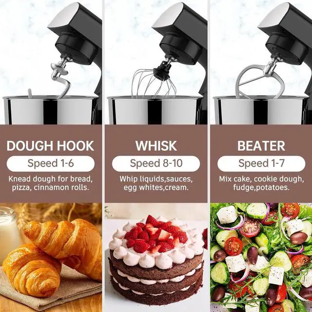 Alt view image 4 of 7 - Stand Mixer, 5.5 Quart, 10 Speed Tilt-Head Food Mixer, Kitchen Electric Mixer with SS Bowl, Copper Motor, Beater, Dough Hook, SS Egg Whisk (300W Black)