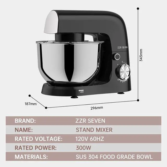 Alt view image 7 of 7 - Stand Mixer, 5.5 Quart, 10 Speed Tilt-Head Food Mixer, Kitchen Electric Mixer with SS Bowl, Copper Motor, Beater, Dough Hook, SS Egg Whisk (300W Black)