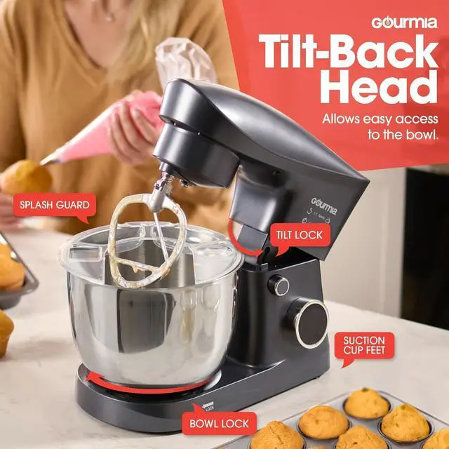 Alt view image 3 of 6 - Gourmia 5 Quart Digital Electric Stand Mixer with Attachments, Bowl Shield, Dough Hook, Whisk and Beater - LED Display Timer - 10 Speed Kitchen Countertop Dough Maker Machine for Bread, Cake, Cookies