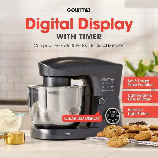 Alt view image 2 of 6 - Gourmia 5 Quart Digital Electric Stand Mixer with Attachments, Bowl Shield, Dough Hook, Whisk and Beater - LED Display Timer - 10 Speed Kitchen Countertop Dough Maker Machine for Bread, Cake, Cookies
