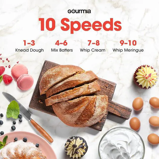 Alt view image 4 of 6 - Gourmia 5 Quart Digital Electric Stand Mixer with Attachments, Bowl Shield, Dough Hook, Whisk and Beater - LED Display Timer - 10 Speed Kitchen Countertop Dough Maker Machine for Bread, Cake, Cookies