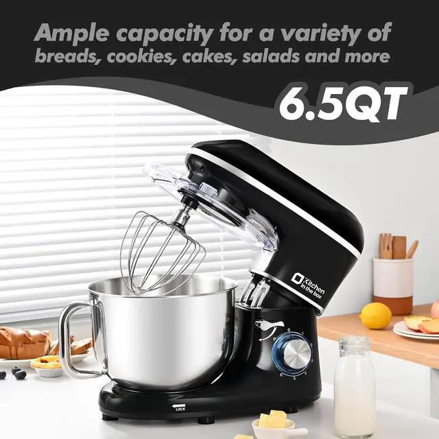 Alt view image 2 of 7 - Kitchen in the box Stand Mixer, 6.5QT 660W Electric Kitchen Mixer, 6-Speed Tilt-Head Food Mixer with Dough Hook, Wire Whip, Beater, Dishwasher Safe (Black)