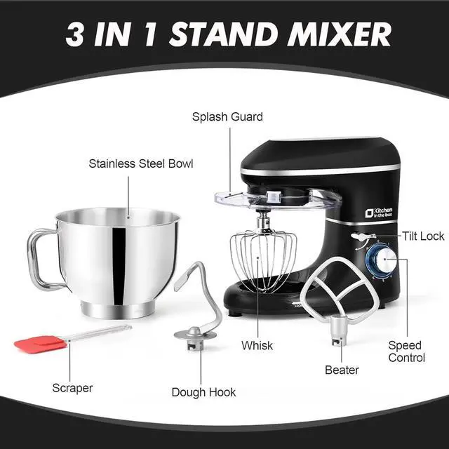 Alt view image 5 of 7 - Kitchen in the box Stand Mixer, 6.5QT 660W Electric Kitchen Mixer, 6-Speed Tilt-Head Food Mixer with Dough Hook, Wire Whip, Beater, Dishwasher Safe (Black)