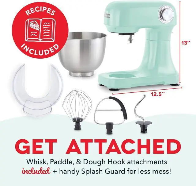 Alt view image 6 of 6 - DASH Tilt-Head 3.5qt Stand Mixer 12 Speeds with Paddle, Dough Hook, and Whisk Attaachments- Aqua