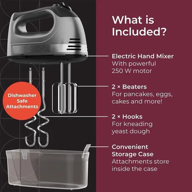 Alt view image 3 of 7 - Mueller Electric Hand Mixer | 5 Speed 250W Turbo with Snap-On Storage Case | 4 Stainless Steel Accessories | Easy Whipping, Mixing Cookies, Brownies, Cakes, Dough Batters