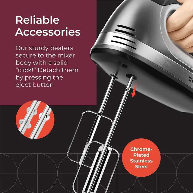 Alt view image 5 of 7 - Mueller Electric Hand Mixer | 5 Speed 250W Turbo with Snap-On Storage Case | 4 Stainless Steel Accessories | Easy Whipping, Mixing Cookies, Brownies, Cakes, Dough Batters