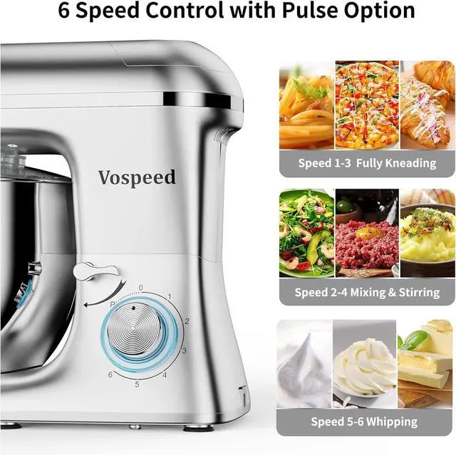 Alt view image 5 of 7 - Vospeed 9 IN 1 Stand Mixer, 850W Tilt-Head Multifunctional Electric Mixer with 8 QT Stainless Steel Bowl, 1.5L Glass Jar, Meat Grinder, Hook, Whisk, Beater Dishwasher Safe (Silver)