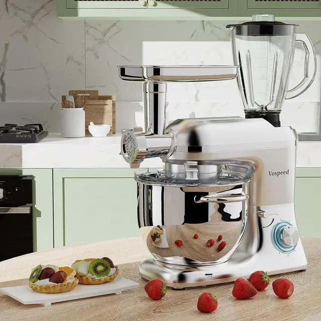 Alt view image 6 of 7 - Vospeed 9 IN 1 Stand Mixer, 850W Tilt-Head Multifunctional Electric Mixer with 8 QT Stainless Steel Bowl, 1.5L Glass Jar, Meat Grinder, Hook, Whisk, Beater Dishwasher Safe (Silver)