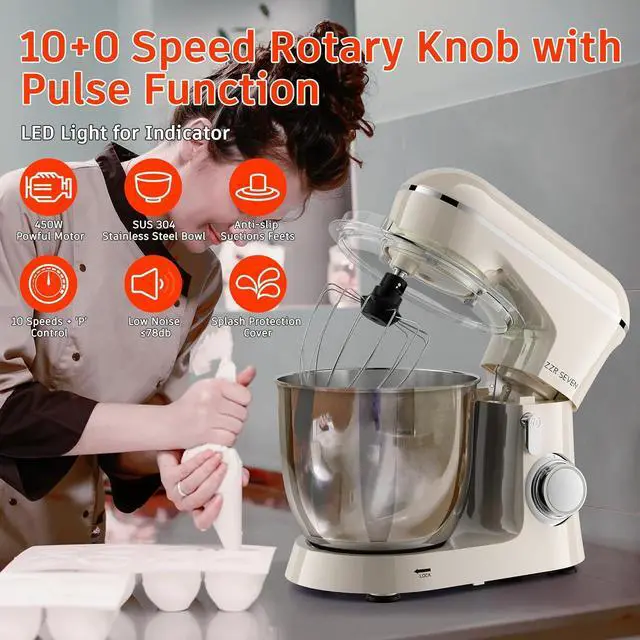 Alt view image 2 of 7 - Stand Mixer, 5.5 Quart, 10 Speed Tilt-Head Food Mixer, Kitchen Electric Mixer with SS Bowl, Copper Motor, Beater, Dough Hook, SS Egg Whisk (450W Cream)