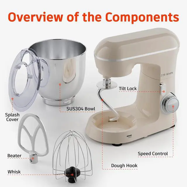 Alt view image 3 of 7 - Stand Mixer, 5.5 Quart, 10 Speed Tilt-Head Food Mixer, Kitchen Electric Mixer with SS Bowl, Copper Motor, Beater, Dough Hook, SS Egg Whisk (450W Cream)