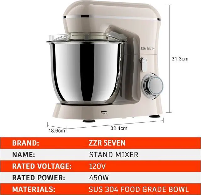 Alt view image 7 of 7 - Stand Mixer, 5.5 Quart, 10 Speed Tilt-Head Food Mixer, Kitchen Electric Mixer with SS Bowl, Copper Motor, Beater, Dough Hook, SS Egg Whisk (450W Cream)