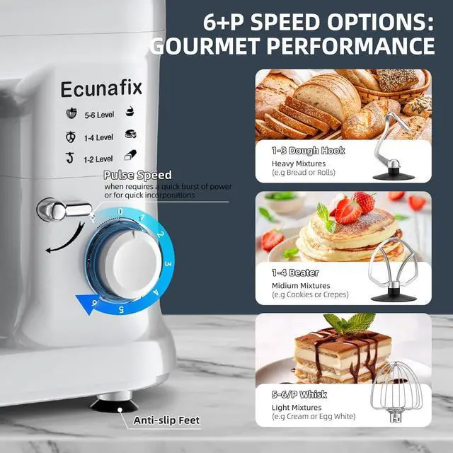 Alt view image 3 of 7 - Kitchen Stand Mixer, 6.5Qt Household Stand Mixers, 660W 6+P Speed Tilt-Head Electric Dough Mixer, Food Mixers for Daily Use with Dough Hooks, Whisk, Beater