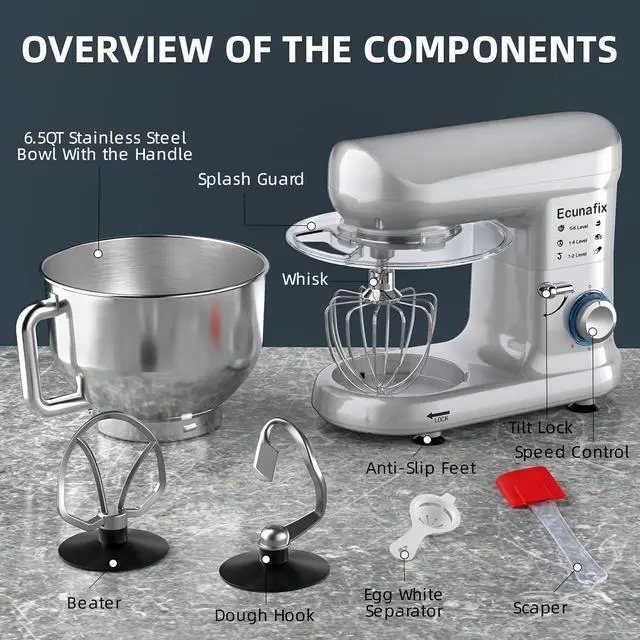 Alt view image 5 of 7 - Kitchen Stand Mixer, 6.5Qt Household Stand Mixers, 660W 6+P Speed Tilt-Head Electric Dough Mixer, Food Mixers for Daily Use with Dough Hooks, Whisk, Beater