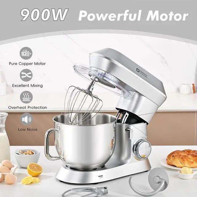 Alt view image 2 of 7 - Kitchen in the box Stand Mixer, 900W 7.5QT Kitchen Electric Mixer, 6-Speed Tilt-Head Food Mixer for Baking with Dough Hook,Wire Whip,Beater (Silver)