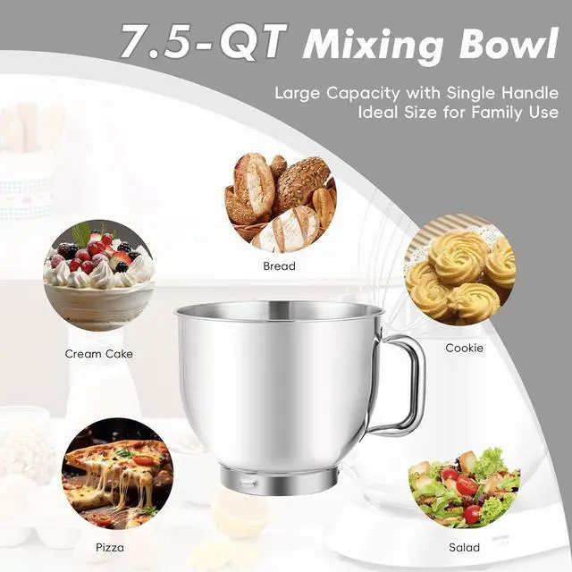 Alt view image 3 of 7 - Kitchen in the box Stand Mixer, 900W 7.5QT Kitchen Electric Mixer, 6-Speed Tilt-Head Food Mixer for Baking with Dough Hook,Wire Whip,Beater (Silver)