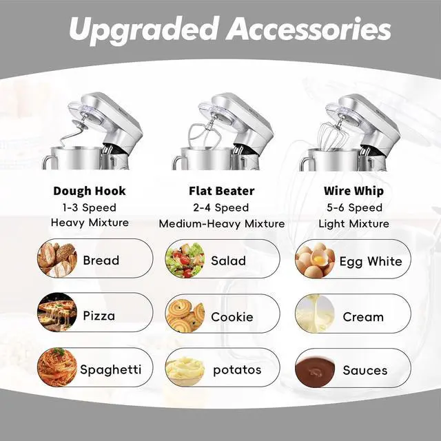 Alt view image 6 of 7 - Kitchen in the box Stand Mixer, 900W 7.5QT Kitchen Electric Mixer, 6-Speed Tilt-Head Food Mixer for Baking with Dough Hook,Wire Whip,Beater (Silver)