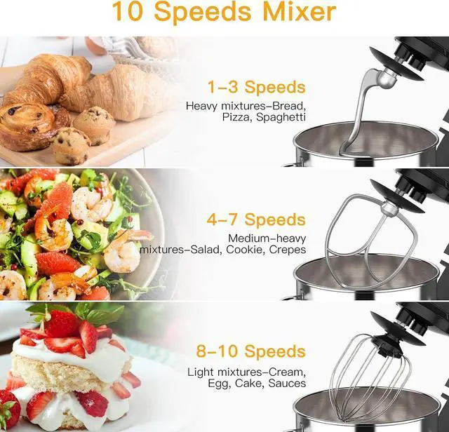 Alt view image 2 of 7 - Garvee 7.5QT Stand Food Mixer, 10-Speed Tilt Head 3-IN-1 Kitchen Electric Mixer with Stainless Steel Bowl, Egg Whisk, Dough Hook, Beater, Splash Guard, Compact Dough Mixer for Home Cooks, Black