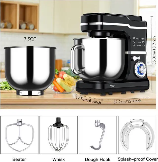 Alt view image 4 of 7 - Garvee 7.5QT Stand Food Mixer, 10-Speed Tilt Head 3-IN-1 Kitchen Electric Mixer with Stainless Steel Bowl, Egg Whisk, Dough Hook, Beater, Splash Guard, Compact Dough Mixer for Home Cooks, Black