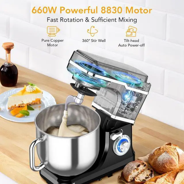 Alt view image 6 of 7 - Garvee 7.5QT Stand Food Mixer, 10-Speed Tilt Head 3-IN-1 Kitchen Electric Mixer with Stainless Steel Bowl, Egg Whisk, Dough Hook, Beater, Splash Guard, Compact Dough Mixer for Home Cooks, Black