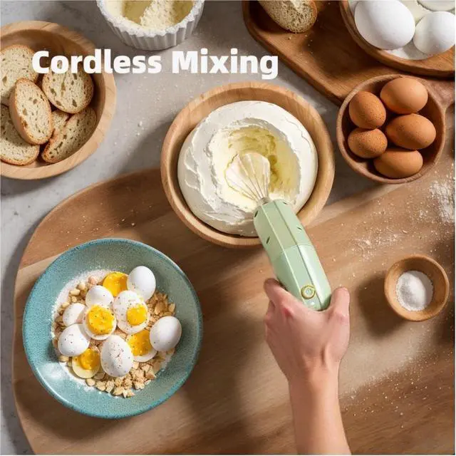 Alt view image 2 of 6 - Cordless Hand Mixer, Foldable Design Handheld Electric Whisk with 3 Speed Modes, Hand Held Egg Beater with 2 Detachable Stir Whisks (Green)