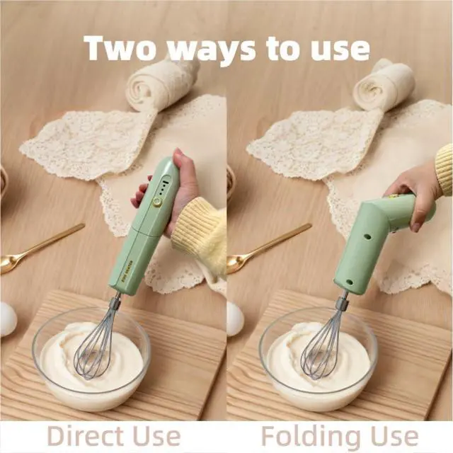 Alt view image 3 of 6 - Cordless Hand Mixer, Foldable Design Handheld Electric Whisk with 3 Speed Modes, Hand Held Egg Beater with 2 Detachable Stir Whisks (Green)