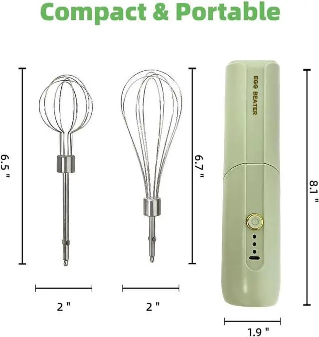 Alt view image 6 of 6 - Cordless Hand Mixer, Foldable Design Handheld Electric Whisk with 3 Speed Modes, Hand Held Egg Beater with 2 Detachable Stir Whisks (Green)