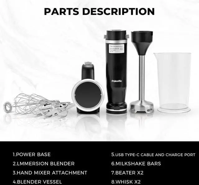 Alt view image 3 of 7 - Pukomc Hand Mixer,5-in-1 Multifunctional Portable Charging Device Hand Blender,with lmmersion Blender and Beater,Whisk,Milkshake Bars,Blender Vessel,Easy to Clean,Black