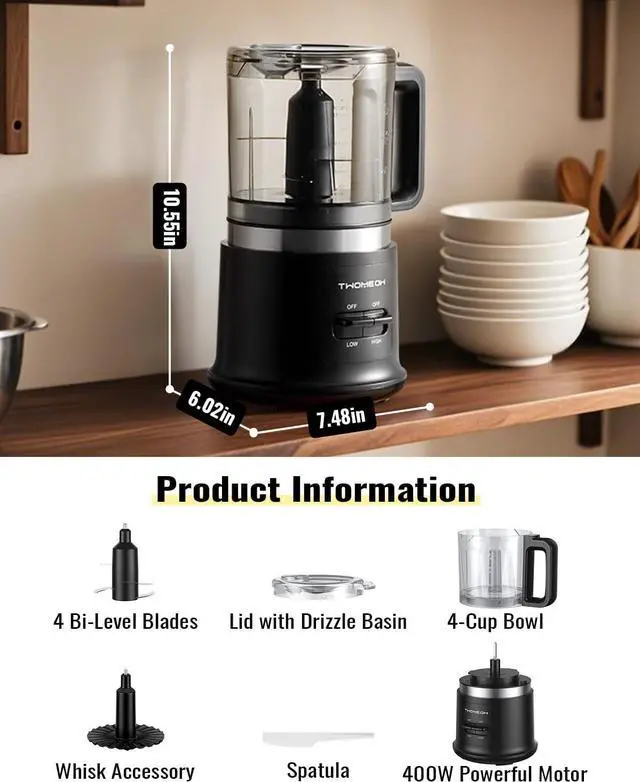 Alt view image 7 of 7 - Food Chopper, 4 Cup Fast Food Processor, Electric Meat Grinder with 2 Speed, 4 Stainless Steel Blades, and Whisk, 400W Power for Chopping, Mixing, Emulsifying, Puree and Whisking, BPA-Free