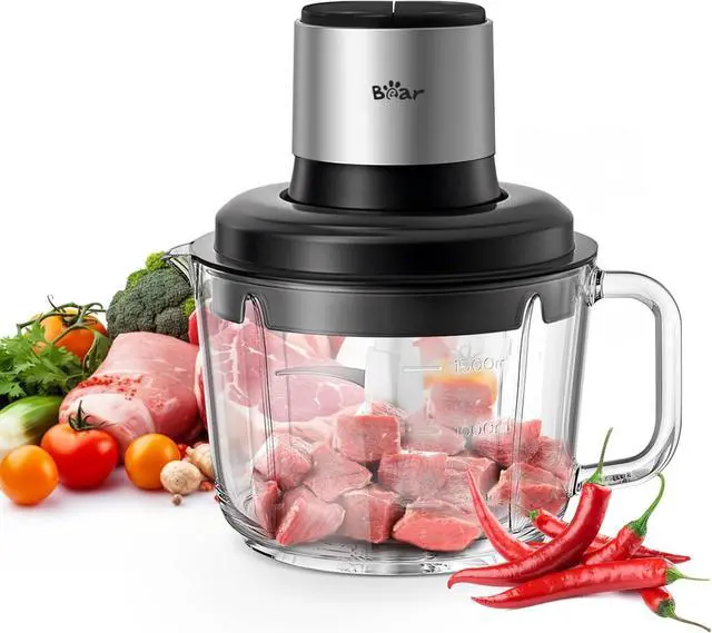 Main image of Bear Food Processor, Electric Food Chopper with 8 Cup/2L Handheld Glass Bowls, No-Hole 4 Bi-level Stainless Steel Blades for Easy Cleaning, 2 speed 250W Power Motor Grinder for Meat, and Baby Food