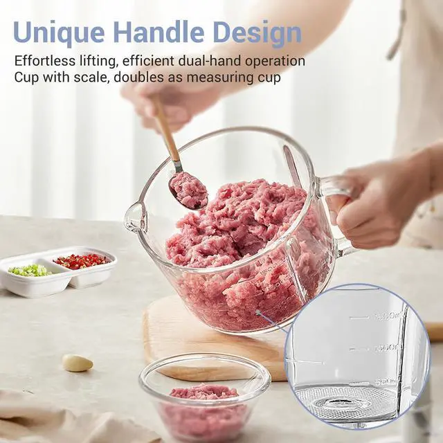 Alt view image 2 of 7 - Bear Food Processor, Electric Food Chopper with 8 Cup/2L Handheld Glass Bowls, No-Hole 4 Bi-level Stainless Steel Blades for Easy Cleaning, 2 speed 250W Power Motor Grinder for Meat, and Baby Food