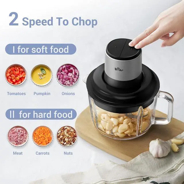 Alt view image 5 of 7 - Bear Food Processor, Electric Food Chopper with 8 Cup/2L Handheld Glass Bowls, No-Hole 4 Bi-level Stainless Steel Blades for Easy Cleaning, 2 speed 250W Power Motor Grinder for Meat, and Baby Food