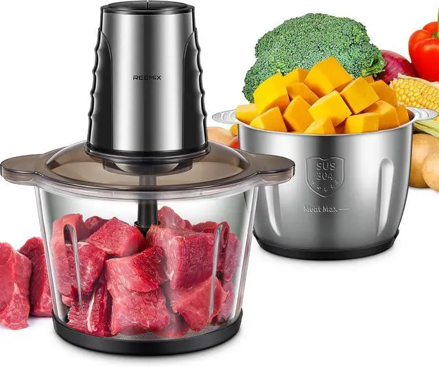 Main image of Food Processors with 2 Large Bowls(12 Cup+12 Cup), Reemix Electric Chopper with Powerful 500W Copper Motor, 4 Bi-Level Blades for Fruits, Meat, Vegetables, Baby Food, Nuts, 2 Speeds