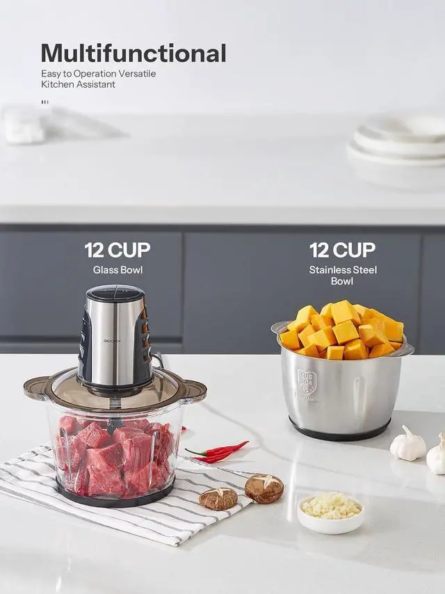 Alt view image 2 of 7 - Food Processors with 2 Large Bowls(12 Cup+12 Cup), Reemix Electric Chopper with Powerful 500W Copper Motor, 4 Bi-Level Blades for Fruits, Meat, Vegetables, Baby Food, Nuts, 2 Speeds