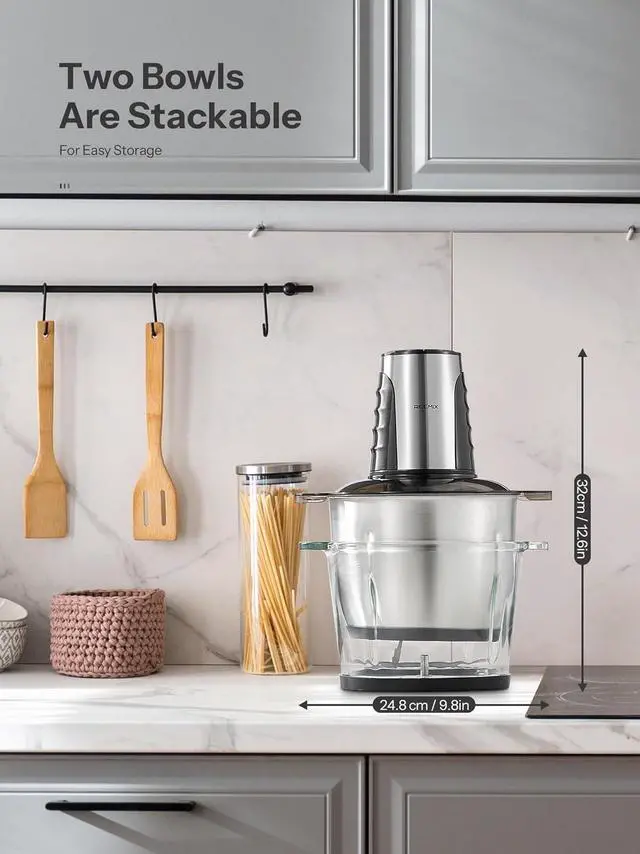 Alt view image 7 of 7 - Food Processors with 2 Large Bowls(12 Cup+12 Cup), Reemix Electric Chopper with Powerful 500W Copper Motor, 4 Bi-Level Blades for Fruits, Meat, Vegetables, Baby Food, Nuts, 2 Speeds